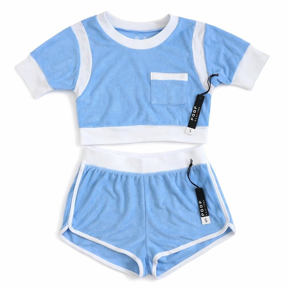 Poof NY Blue Terry Cloth Crop Top Shorts Set XS S Y2K Lounge Summer NWT